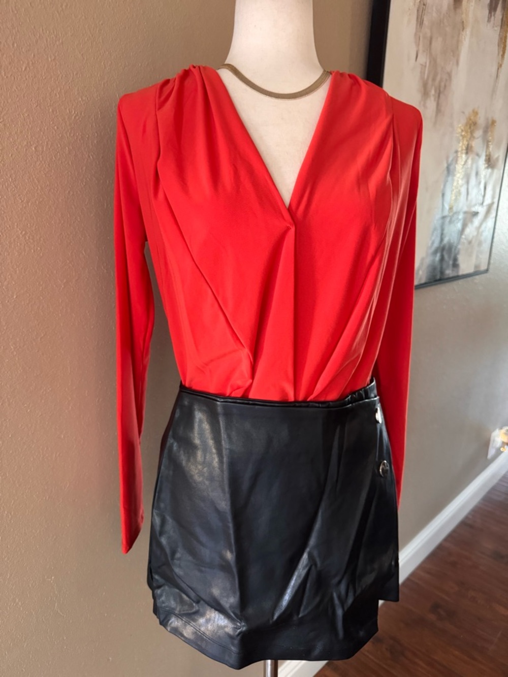 V-Neck Long Sleeve Wrap Bodysuit in Coral Red - Picture 10 of 12